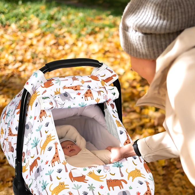 Car Seat Cover Baby, HNHUAMING Infant Car Seat Covers Canopy for Baby Girl Boy, Cozy & Windproof Newborn Carseat Covers Minky Dot Backing Stroller Cover with Breathable Mesh Window, Animals