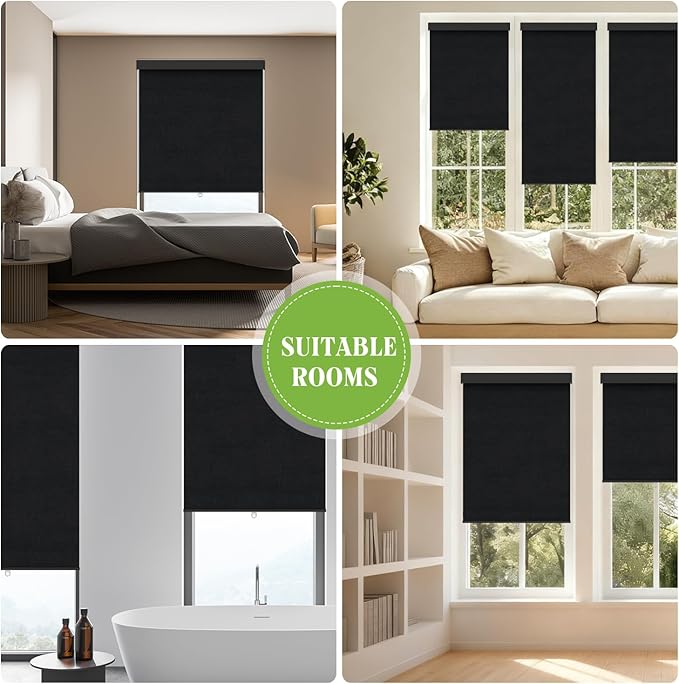 Blackout Roller Shades Blinds for Windows, Free-Stop Cordless Roller Shades with Valance, Thermal Insulated Fabric Window Blinds UV Protection for Home, Bedroom, Black, 47.5" W x 72" H