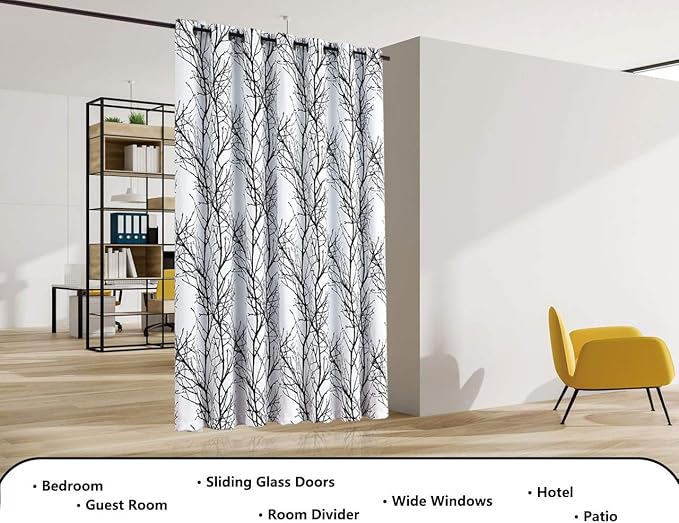 FMFUNCTEX 100% Blackout Patio Sliding Glass Door Curtains 84 Inch Long for Bedroom, Black on White Tree Branch Patterned Drapes for Living Room Divider, Extra Wide Thermal Insulated Panels, Grommet