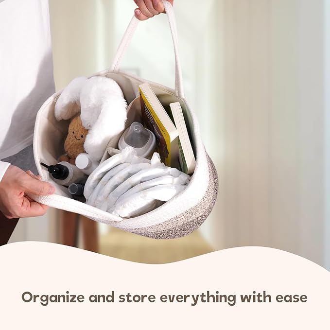 luxury little Diaper Caddy Organizer, Large Cotton Rope Nursery Baby Basket, Changing Table Organizer for Baby Diaper Storage, Portable Car Organizer Removable Divider (Gradient Brown, Extra Large)