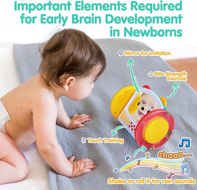 PLAY Tummy Time Toys Rolling Baby Mirror Activity Toy for Newborn 0 3 6 9 12 Months with Teethers Infant Mirror Crawling Montessori Toys for Brain Development Visual Stimulation, Double-Sided
