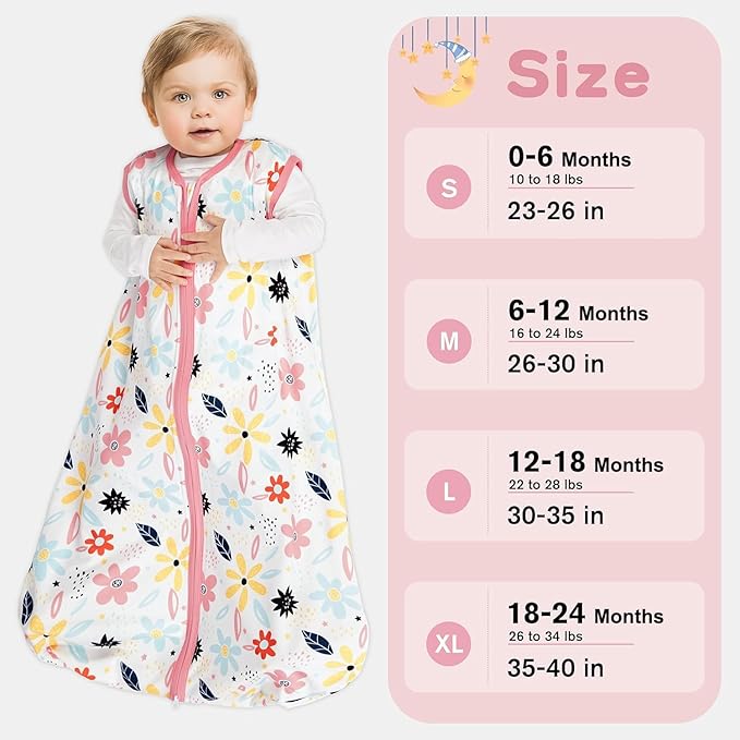 BSTOPPT 3 Pack Baby Sleep Sack 18-24 Months 100% Rayon Cotton Baby Sleeping Bag 2-Way Zipper Toddler Wearable Blankets Comfy Stretchy Lightweight TOG 0.3 （Heart&Pink&Floral）