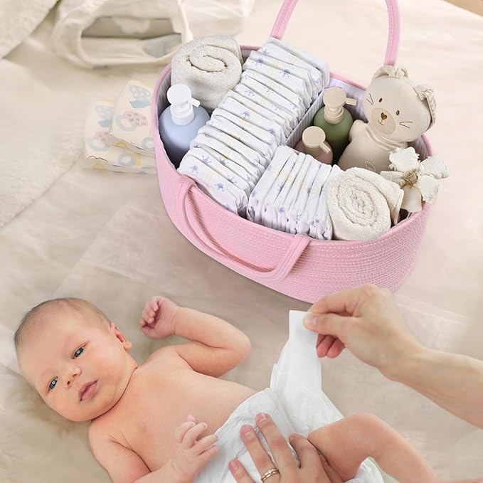 19L Baby Diaper Caddy Organizer, 16.8"x9.8"x9" Cotton Rope Diaper Basket, Changing Table Storage Caddy With Removable Divider, Baby Basket for Nursery, Car, Diapers, Baby Shower Gifts for Newborn