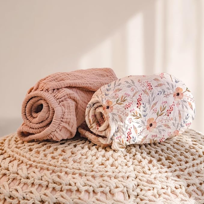 lulumoon Muslin Changing Pad Cover: 2-Pack Soft Breathable Cotton Boho Floral Print for Baby Girls - Nursery & Baby Shower