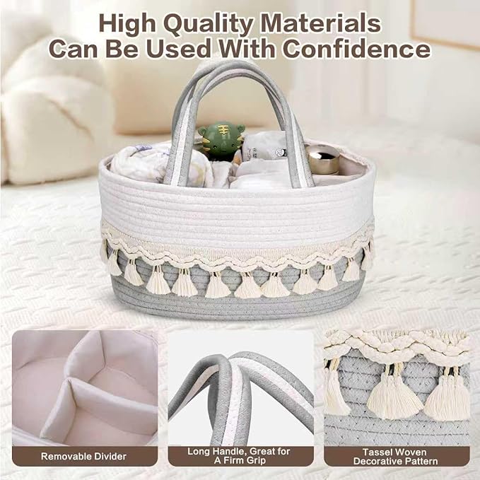 Diaper Caddy Organizer, Stylish Nursery Storage Basket, Baby Shower Basket with Tassel Decorative Appearance, Portable Storage Basket Suitable for Family and Car Travel (Grey)