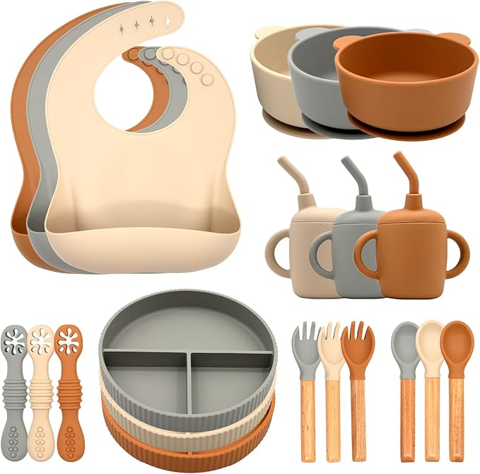 CHCC Silicone Baby Feeding Set 21 Pcs, Baby Led Weaning Supplies, Baby Feeding Supplies Set BPA Free, Essentials for Newborn Gift Walnut Color, Beige, Smoky Gray