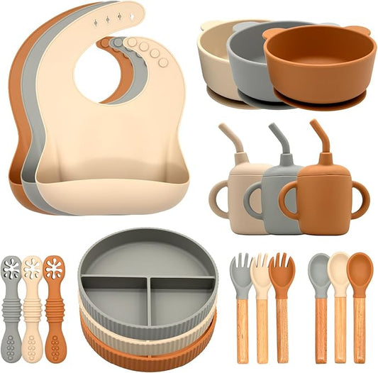 CHCC Silicone Baby Feeding Set 21 Pcs, Baby Led Weaning Supplies, Baby Feeding Supplies Set BPA Free, Essentials for Newborn Gift Walnut Color, Beige, Smoky Gray