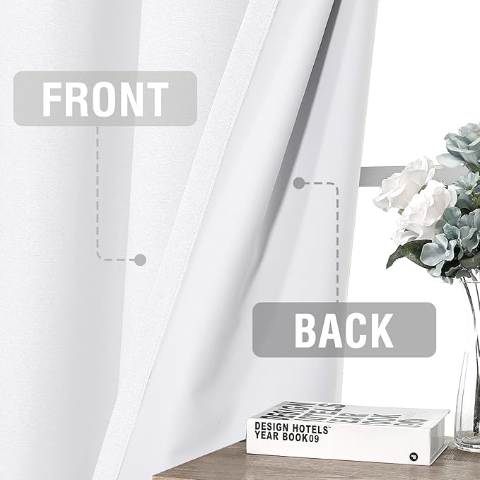 H.VERSAILTEX White 100% Blackout Curtains 96 inches Long, Eco-Friendly Linen Blend Blackout Curtains with Thermal Liner for Heat Insulation, 2 Panel Sets, 52x96 Inch, Heather White(Not Solid)