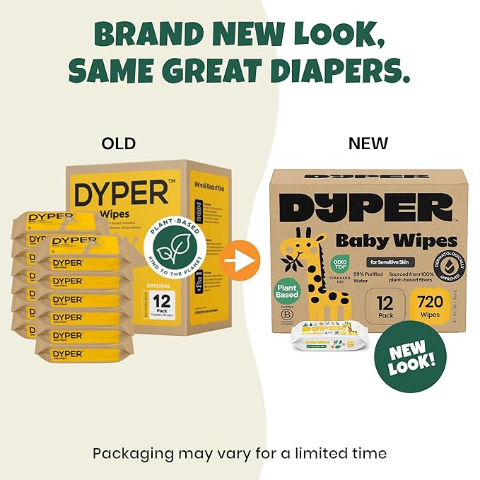 DYPER Baby Wipes Unscented (720 Count) - 99% Water-Based & Hypoallergenic Baby Wipes, Made with Plant-Based Materials, Gentle for Sensitive Skin, Fragrance & Plastic-Free Wet Wipes, 12 Pack