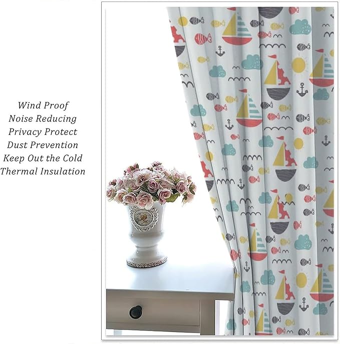 Kids Blackout Curtains,Painting Art Curtain for Living Room Bedroom Cute Sailor Cartoon Sailboat Cloth Bedroom Livingroom Curtain 52x84inch(132x213cm)