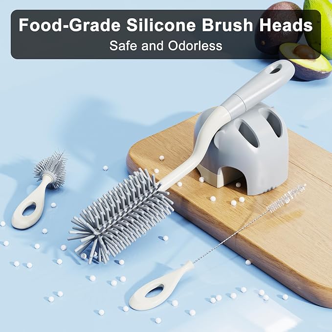 ePiiChua Silicone Bottle Brush Set with Stand, 360° Rotating Bottle Cleaning Brush Cleaner Set, Long Handle 3 in 1 Multipurpose Silicone Baby Bottle Straw Cleaner Brush (Grey)
