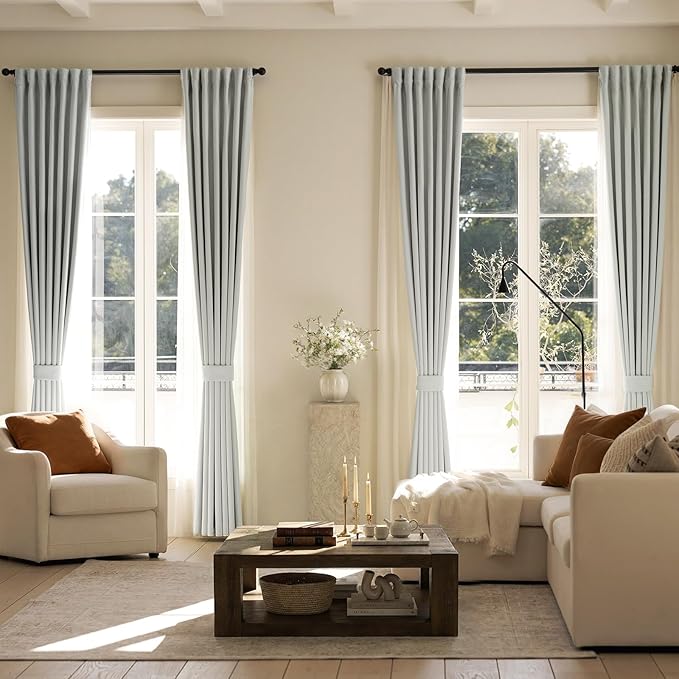 Chenille Blackout Curtains 96 Inches Long Thermal Insulated Curtains for Living Room Bedroom Grey Light Blocking Privacy Drapes Thick Noise Reducing Window Curtains 2 Panle Set Back Tab Neutral Drapes