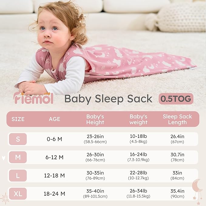 FIEMOL Baby Sleep Sack 12-18 months, 100% Cotton Sleeping Sack for Toddler, 3 Pack Baby Wearable Blanket, 0.5 Tog Lightweight Double Zipper Sleep Bag Large Pink Stars Moon