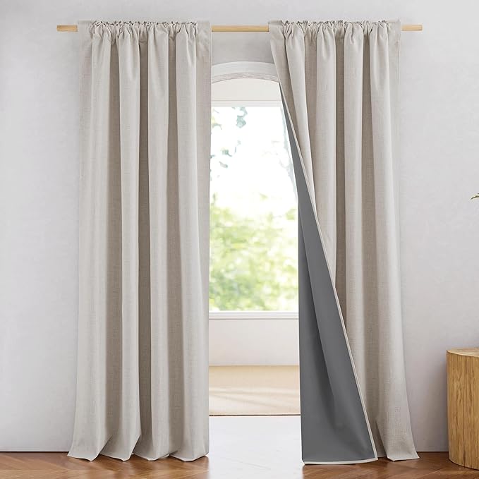 NICETOWN 100% Blackout Brich Linen Curtains for Dingning Room 90 inches Long, Thermal Insulated Window Treatments with Privacy Liner, 2 Panels, 52" W, Noise Reducing Blend Drapes for Living Room
