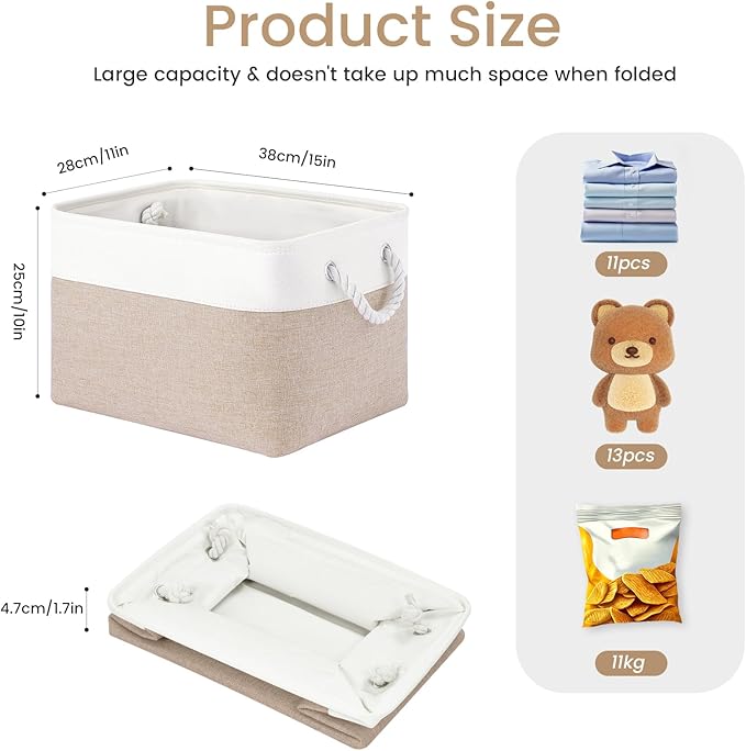 Large Storage Baskets- 15x11x10 inch Storage Bins for Shelves and Closet Organizing, Foldable Fabric Bin for Home Organization Clothes and Laundry (3-Pack, White&Khaki)