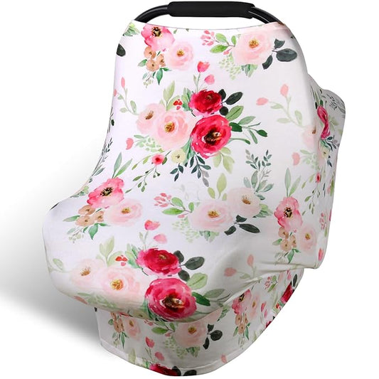 Rquite All-in-1 Car Seat Cover Baby, Carseat Covers for Girl Boy, Stretchy Soft Infant Car Seat Cover, Multi-use Baby Carrier Cover, Car Seat Canopy, Stroller Sun Shade, Nursing Breastfeeding Cover