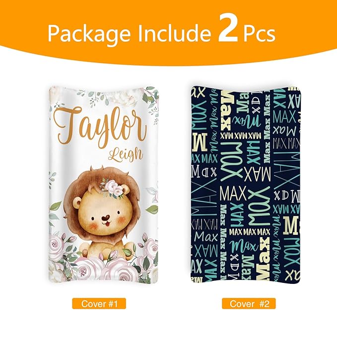 Custom Changing Pad Cover Set - Jersey Knit Ultra Soft Unisex Waterproof Diaper Changing Table Covers with Personalized Name for Baby Boys Girls - Comfy Cozy 2 Pcs Set Style09