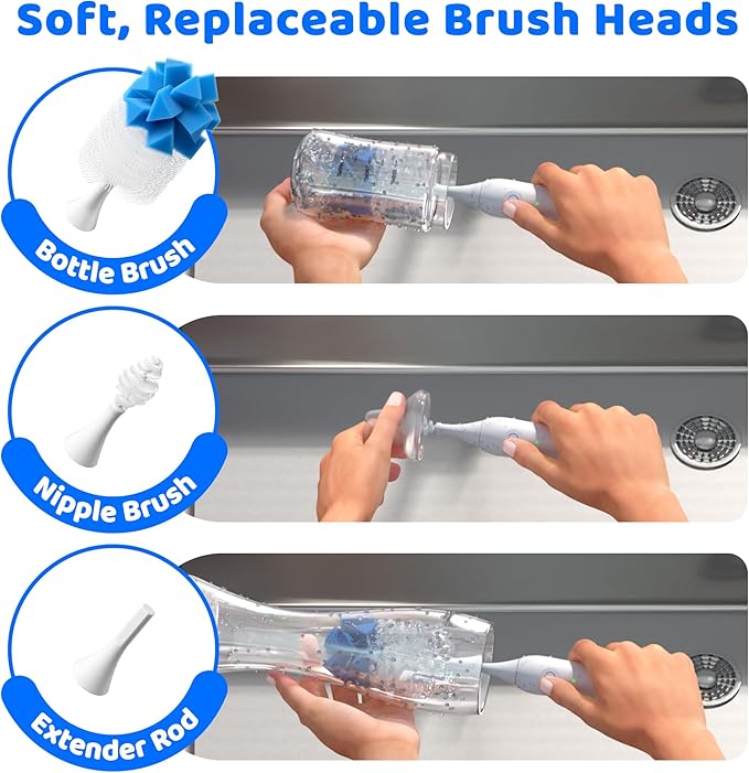 Klarpul Electric Bottle Brush Cleaner, IPX7 Waterproof Baby Bottle Brush with Replaceable Nipple Cleaning Kit & Extender Rod, 2 Speed Modes, 360° Auto Cleaning, 2000mAh Battery, Rechargeable, Blue