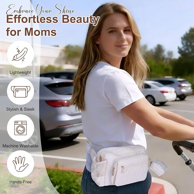 Rexmore Puffer Quilted Fanny Pack Diaper Bag for Mom - Women‘s Compact Crossbody Purse with Portable Changing Pad & Wipes Pouch, Travel & Quick Errand Baby Essentials Organizer (Off White)