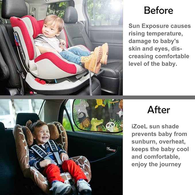 MOVINPE Car Sun Shade for Baby Kids 2 Pack Static Cling Side Window Car 80GSM Rear Sunshades Universal with 8 Suction Cups and Storage Bag - Sun Glare and UV Rays Protection (Jungle Animals)