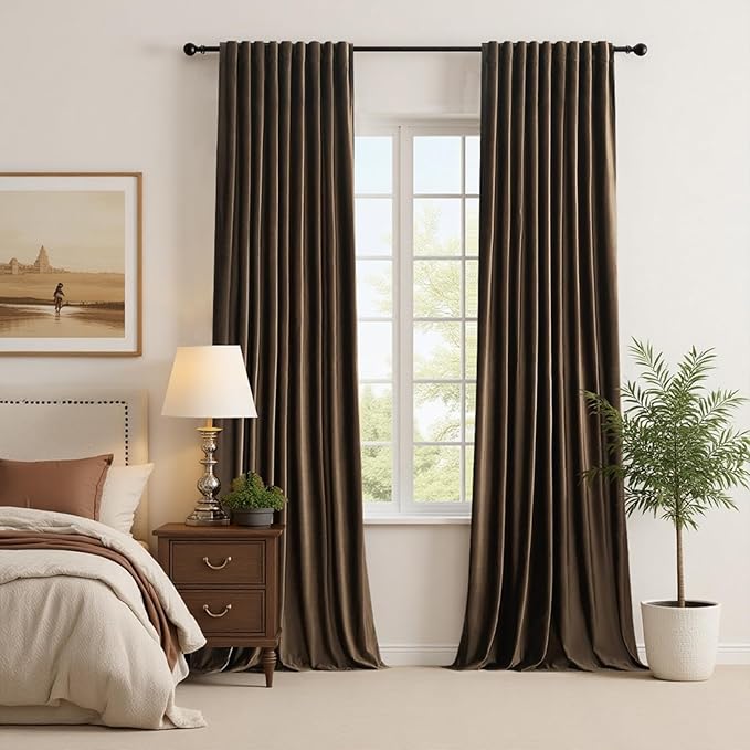 PRIMROSE 100% Full Blackout Brown Velvet Curtains 63 inch Long for Living Room,Set of 2 Liner Rod Pocket Back Tab Thermal Window Curtains Room Darkening Heavy Decorative Curtains Drapes for Bedroom