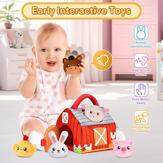 Baby Toys 0-6 6-12 Months, Plush Big Red Barn with Farm Animals, Soft Sensory Toys with Crinkle, Rattles for 0-3-6-9-12 Month Newborn Infant, Christmas Easter Birthday Gifts for Baby Boys Girls﻿