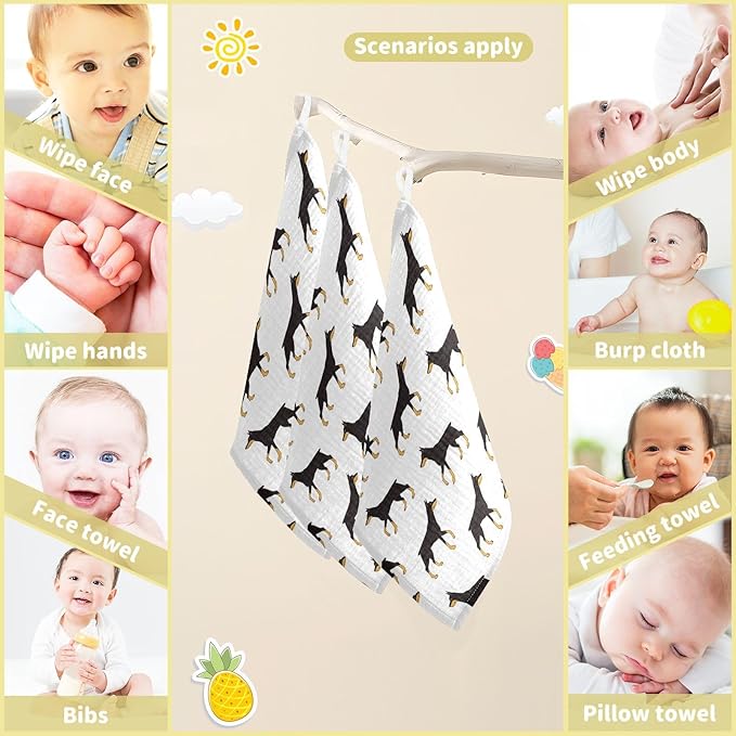 vvfelixl Baby Muslin Washcloths Colored Doberman Dog Baby Burp Cloths Cotton Baby Face Towel for Newborn Infants Boys Girls Soft and Absorbent 11.8 X 11.8 in, 3 Pack