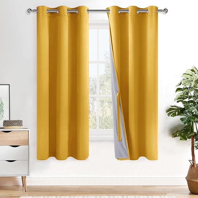 XWZO 100% Blackout Curtains 72 Inches Long with Tiebacks- Privacy Protection & Noise Blocking Window Draperies with Black Liner for Bedroom/Living Room, Grommet, Yellow, W42 x L72, Set of 2