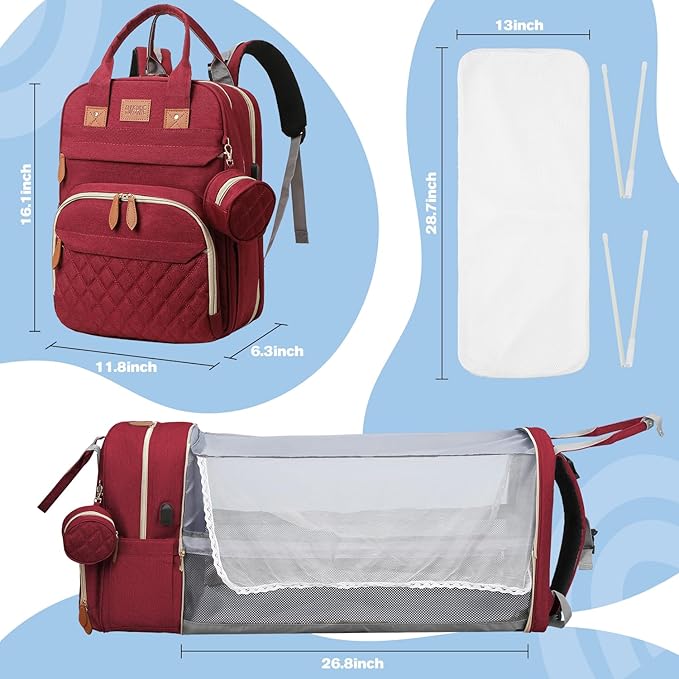 Diaper Bag Backpack, Large Diaper Bag with Changing Station, Baby Bag, New Mom Gifts, Lightweight Waterproof Unisex Diaper Bag with Insulated Pockets and USB Charging Port, Red