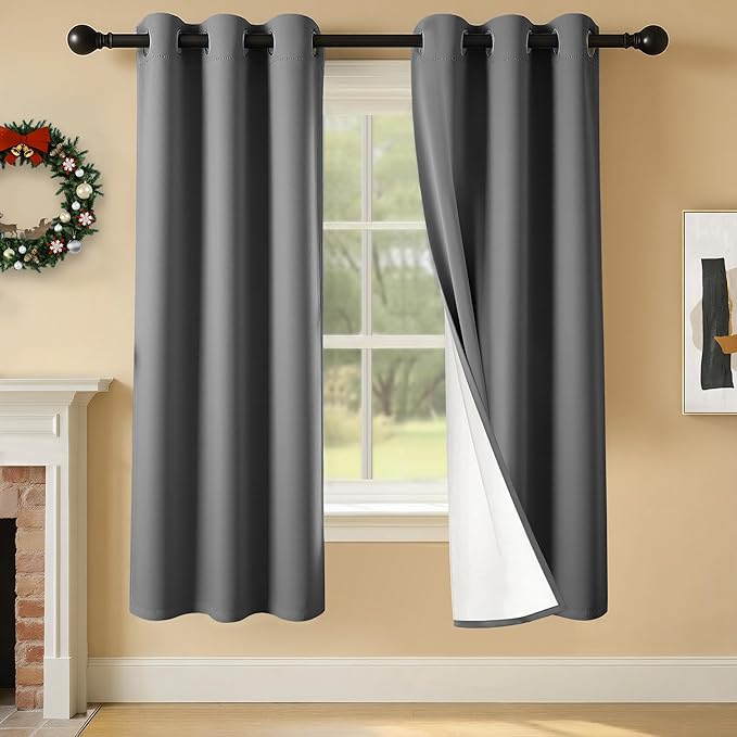 100% Blackout Curtains 63 Inch Length for Bedroom Living Room, Grommet Thermal Insulated Room Darkening Drapes, Light Blocking Window Treatment Decor, 2 Panels, 37x63, Charcoal Grey