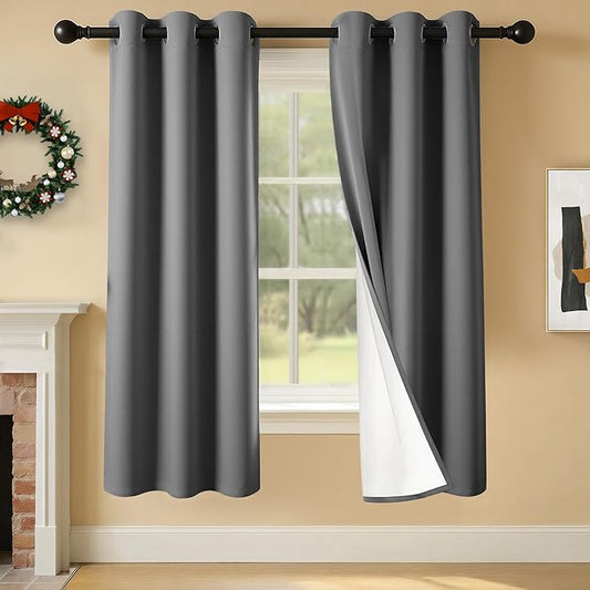 100% Blackout Curtains 63 Inch Length for Bedroom Living Room, Grommet Thermal Insulated Room Darkening Drapes, Light Blocking Window Treatment Decor, 2 Panels, 37x63, Charcoal Grey