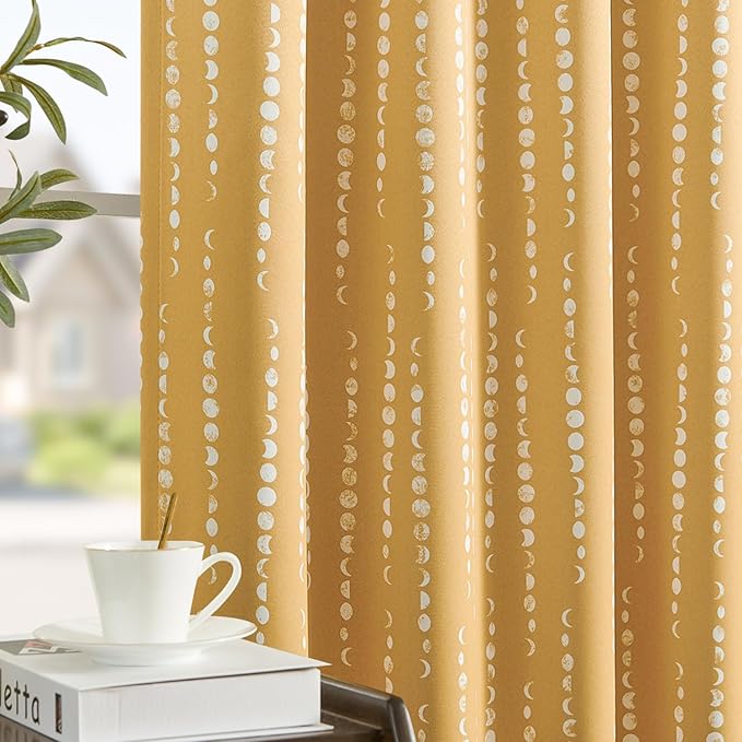 jinchan 95% Blackout Bohemian Moon Phase Print Bedroom Curtains 108 Inch Long Mustard Curtain Rod Mouth Kids Room Insulated Yellow Curtains Set 2 Panels