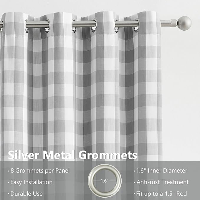 Amzdecor Buffalo Check Plaid Full Blackout Window Curtains 84 Inches Long for Bedroom Noise Reducing Total Room Darkening Grommet Drapes,Vintage Farmhouse Window Treatment,2 Panels,52"x84",Gray White