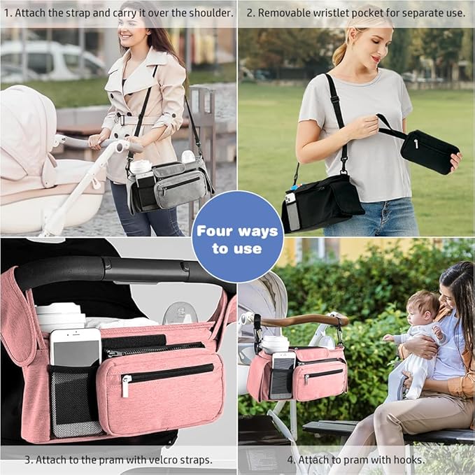 Baby Stroller Organizer, Universal Stroller Organizer with Detachable Phone Bag, Stroller Caddy with 2 Insulated Cup Holders, Buggy Organizer Bag with 2 Hooks Fits Most Strollers (Pink)