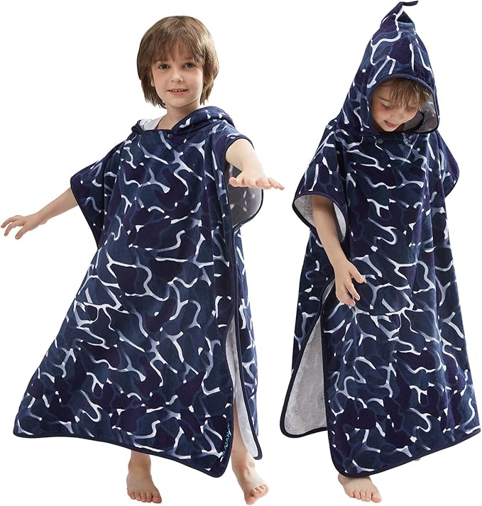 BANGSAUR Kids Beach Pool Bath Hooded Poncho Towel, 100% Cotton Surf Changing Towels Wrap, Baby Toddler Girl Boys 3-12 Years (Blue Wave,9-12Years/Height:49"-59";125-150cm)