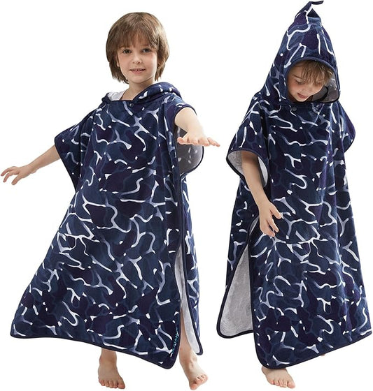 BANGSAUR Kids Beach Pool Bath Hooded Poncho Towel, 100% Cotton Surf Changing Towels Wrap, Baby Toddler Girl Boys 3-12 Years (Blue Wave,9-12Years/Height:49"-59";125-150cm)