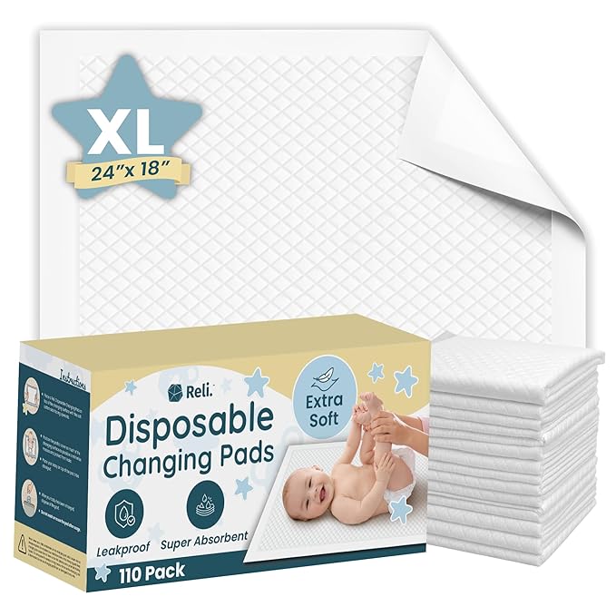 Reli. Premium XL Disposable Baby Changing Pad Liners | XL 24" x 18" | 110 Pack | Super Absorbent, Soft, Leak-Proof, Waterproof, Quick Dry | Carry on The Go for Quick Diaper Changes (White)