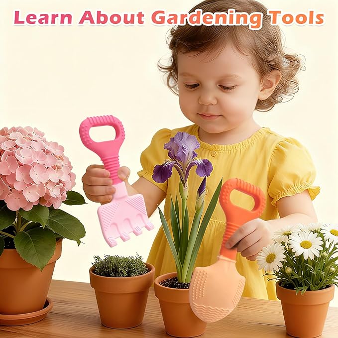 Gardening Tool Baby Teething Toys - Shovel & Rake Silicone Teethers for Babies 3-12 Months, Freezer-Safe Chew Toys for Teething Relief & Sensory Development, Ideal Stocking Stuffers & Christmas Gifts