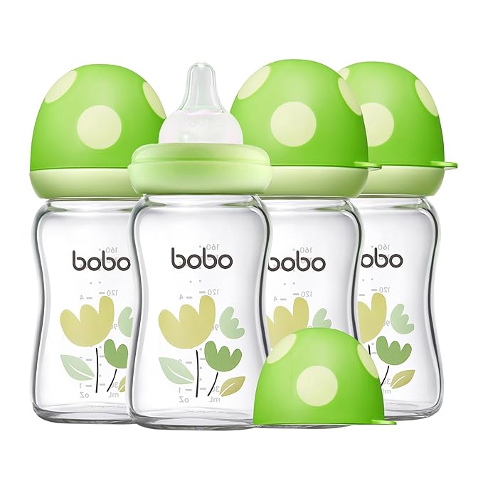YOHKOH Natural Glass Baby Bottle with Level 1 Slow Flow Nipple, Newborn Anti-Colic Baby Bottles, Wide Neck Mushroom Baby Glass Bottle (Green, (5.4oz (Pack of 4))