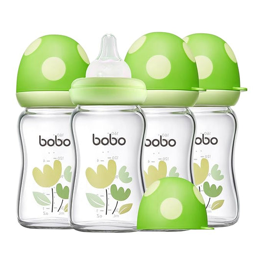 YOHKOH Natural Glass Baby Bottle with Level 1 Slow Flow Nipple, Newborn Anti-Colic Baby Bottles, Wide Neck Mushroom Baby Glass Bottle (Green, (5.4oz (Pack of 4))