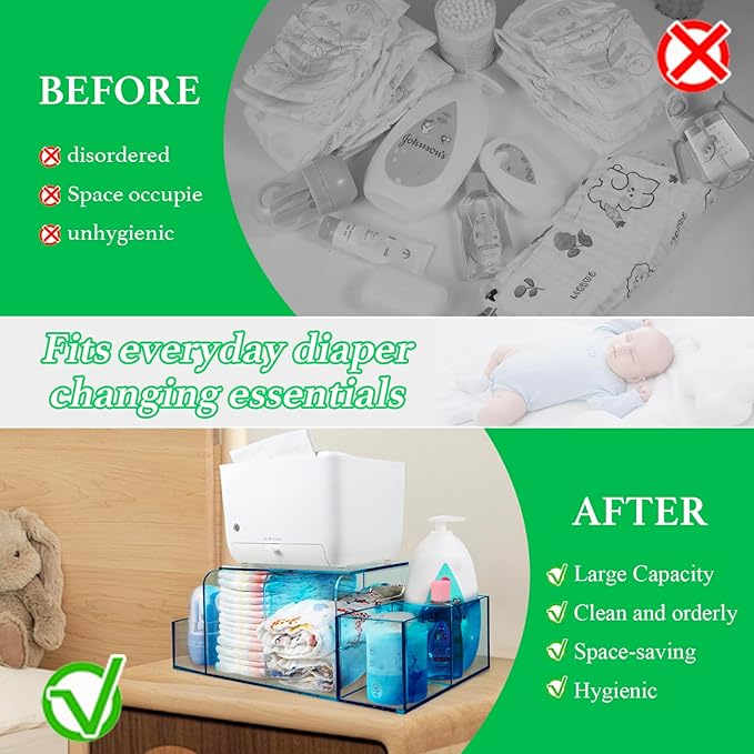 Acrylic Diaper Caddy, Baby Wipes Organizer for Changing Table, Dresser Top Tabletop Organizer with 4 Detachable Compartments, Anti-slip Rubber Feet, Newborn Baby Essentials, Blue