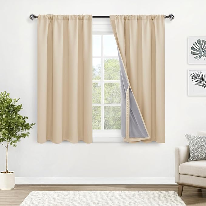 XWZO 100% Blackout Shades Window Curtains with Tiebacks- Noise Reducing and Light Blocking Curtains with Black Liner for Studio/Basement, Rod Pocket & Back Tab, Biscotti Beige, W52 x L54, Set of 2