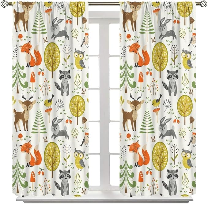 Kids Safari Animal Curtains Boy Girl Bedroom Decor Cartoon Woodland Bear Child Nursery Colorful Wildlife Jungle Forest Living Room Window Drapes Fabric 2 Panels 84W x 84L Inch