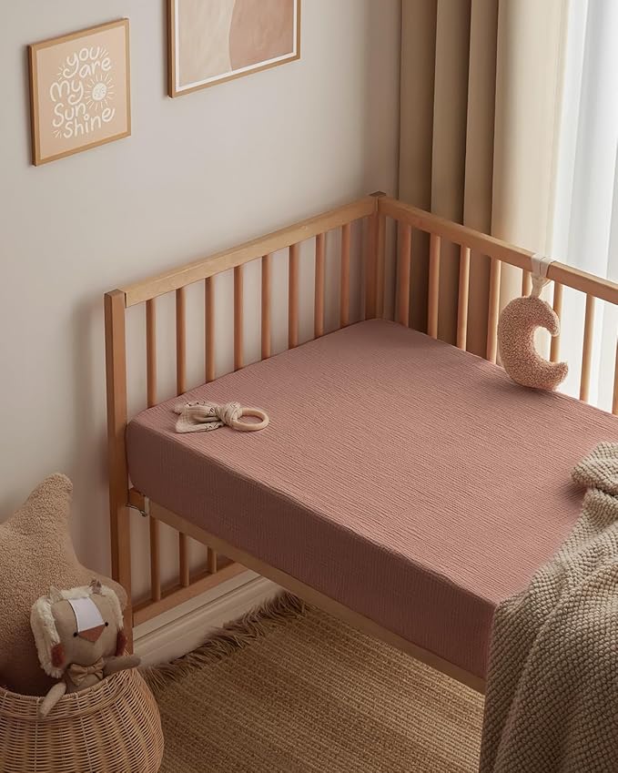 Blissful Diary Muslin Crib Sheets for Girl Boy, Boho Neutral Soft Cotton Baby Sheet for 52''x28'' Standard Crib Mattress, 2 Pack(Dusty Pink Checkboard & Dusty Pink)