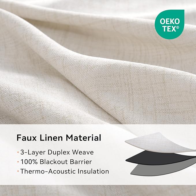 100% Blackout Shield Linen Blackout Curtains for Bedroom, Beige Grommet Curtains for Living Room, Thermal Insulated Room Darkening Drapes for Nursery, Boho Home Decor, 50" W x 108" L, 2 Panels
