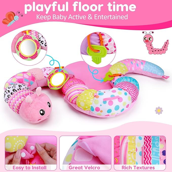 2 in 1 Baby Tummy Time Mat & Support Seated Pillow Infant Newborn Toys 0 1 2 3 4 5 6 Months Pink Caterpillar Sensory Developmental Playmat 0-6 3-6 12 Month Mirror Babies Girls Shower Valentines Gifts