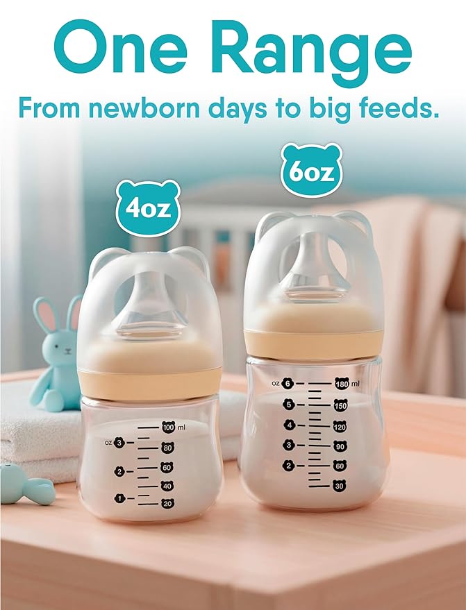 Glass Baby Bottles Anti Colic Set 2 Pack 4oz and 6oz BPA Free Heat Resistant Borosilicate Glass with 3 Silicone Nipples Wide Neck Gift Box Baby Shower Easy to Sterilize for Newborn Infant 0-9 Months