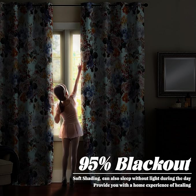 Renaiss Flower Blossom Curtains Watercolor Floral Painting Thermal Insulated Window Curtains for Living Room Bedroom Blackout Window Drapes Grommet Top 29W x 55L Inch 2 Panel Set