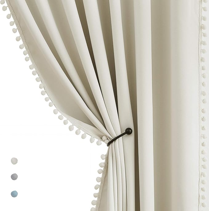 Treatmentex Pom Pom Sliding Door Blackout Curtains Ivory 100"x 84" Extra Wide Patio Door Curtain Panels with Pom Poms Room Darkening Curtains Thermal Insulated Curtains 1 Panel, Natural