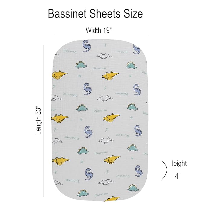 Onacosht Muslin Bassinet Sheets 3 Pack, 100% Cotton Baby Fitted Sheet 33" x 19" Compatible with Mika Micky, KoolaBaby (3 in 1), BabyBond, HARPPA and RICUTON Bedside Bassinet, Dinosaur Car and Blue